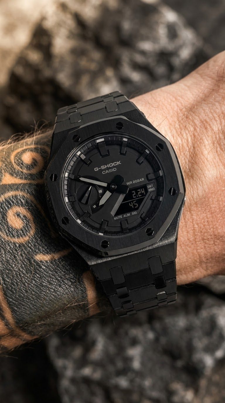 Black Oak au poignet, boîtier octogonal et bracelet acier noirs